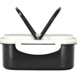 A plastic and wheat straw lunch box in black with a light grey lid and black handles, featuring a logo.