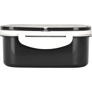 A black lunch box with a white lid and handle, made from plastic and wheat straw. Includes branding.