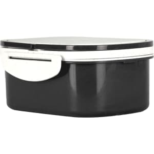 A black and white plastic lunch box with a secure lid and a smooth, rounded shape. It features a branding logo.