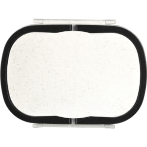 A plastic and wheat straw lunch box in a white and grey design with a black silicone seal.