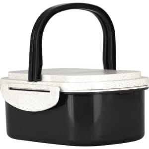 A plastic and wheat straw lunch box in black and white with a handle and a secure lid. It features a logo.