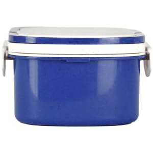 A blue lunch box made of plastic and wheat straw, featuring a white lid and a simple closing mechanism.