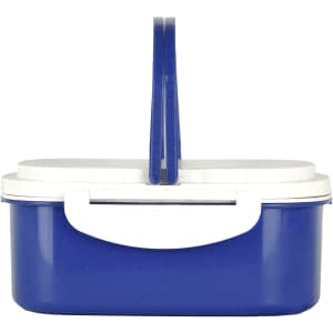 A blue and white lunch box with a handle, made from plastic and wheat straw, featuring a secure lid.