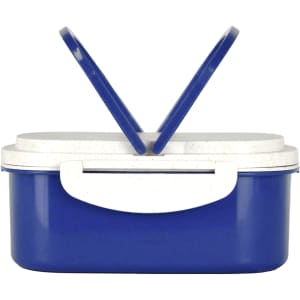 A blue lunch box made from plastic and wheat straw, featuring a white lid and handle, with two open lids.