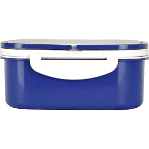 A blue plastic and wheat straw lunch box with a white handle and lid. Features a simple design and smooth surface.