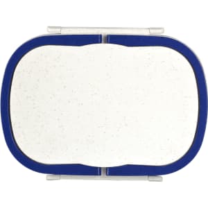 A plastic and wheat straw lunch box in white with a blue lid and a logo.