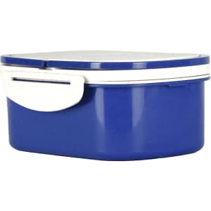 A blue plastic and wheat straw lunch box with a white lid and a secure clasp. Contains a smooth, rounded design.