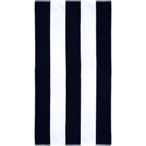 A striped cotton beach towel in black and white with a logo at one end.