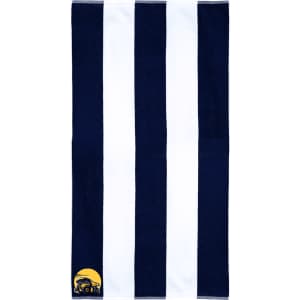 A navy and white striped cotton beach towel featuring a logo in one corner.