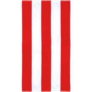 A cotton beach towel featuring bold red and white vertical stripes. It has a logo embossed on one side.