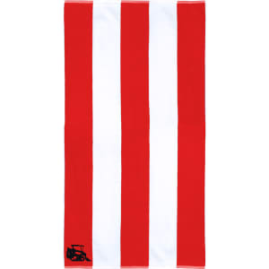 A cotton beach towel featuring red and white striped design with a logo in the corner.