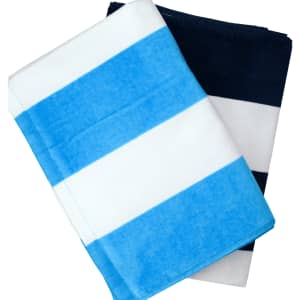 Two beach towels displayed, one with blue and white stripes and the other in navy and white stripes. Both have a logo.