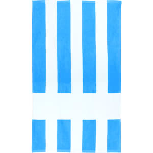 A beach towel featuring blue and white stripes with a central band. It has a logo in one corner.