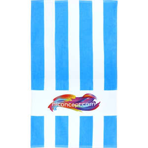 A soft, blue and white striped beach towel featuring a central branding logo.