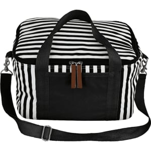A striped black and white cotton canvas cooler bag with dual handles and a detachable shoulder strap.