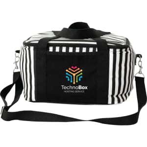 A striped black and white cooler bag with a detachable shoulder strap and a logo on the front.