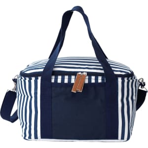 A striped cotton canvas cooler bag featuring navy and white stripes, with sturdy handles and a removable shoulder strap.
