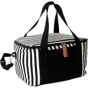 Striped black and white cooler bag with carry handles and an adjustable strap. Features a zip closure and a front pocket.