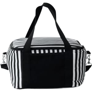 A striped cotton canvas cooler bag in black and white, featuring sturdy handles and an exterior pocket.