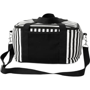 A striped cotton canvas cooler bag in black and white with a detachable shoulder strap. It features a front pocket and branding.