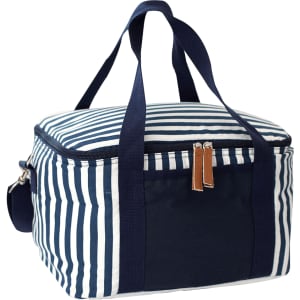A striped cotton canvas cooler bag in navy and white with dual handles and a zip closure.