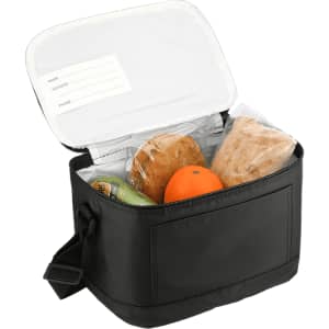 A black insulated cooler lunch bag with a white zipper, containing two bread rolls, an orange, and a green apple.