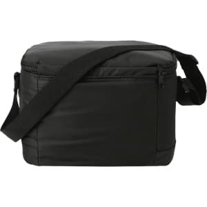 A black insulated cooler lunch bag with a zippered closure and adjustable shoulder strap. It features a logo.