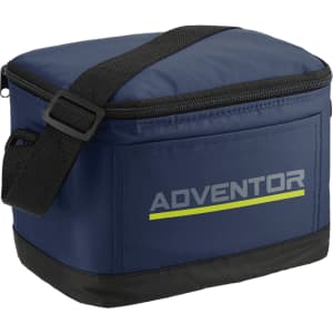 A navy blue insulated cooler bag with a strap and a logo. It features a rectangular shape and a black base.