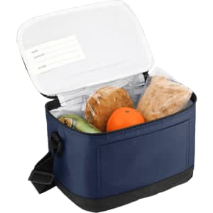 A navy insulated lunch bag with a zippered opening, containing bread rolls, an orange, and an apple. It has a logo.