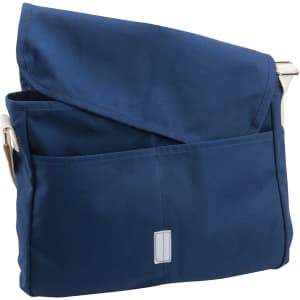 A navy canvas shoulder bag featuring an adjustable strap and multiple pockets, with a logo on the front.