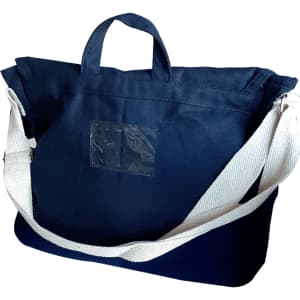 A navy canvas shoulder bag with a white strap and a small logo on the front.