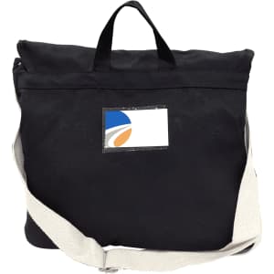 A black canvas shoulder bag with a cream strap, featuring a logo on the front.