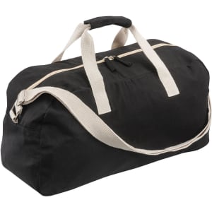 A black duffle bag with cream-coloured handles and a zippered opening, featuring a logo.