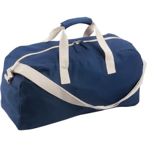 A navy duffle bag with cream handles and a shoulder strap, featuring a zippered closure and a small logo.