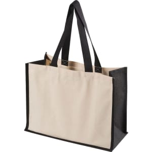 A functional tote bag with a natural and black colour scheme, featuring sturdy handles and a branded logo.