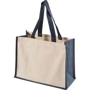 A functional tote bag with a cream body and dark blue accents, featuring sturdy handles and a logo.