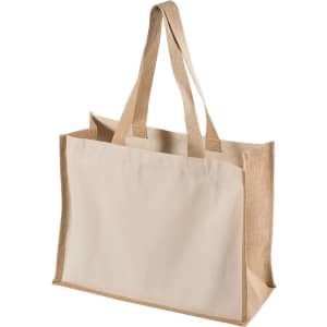 A cream tote bag with tan accents and dual handles, featuring a logo on the front.