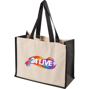 A beige and black tote bag with sturdy handles and a logo on the front.