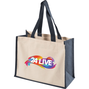 A beige and navy functional tote bag with dual handles and a logo design.