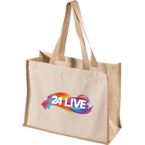 A beige tote bag with sturdy handles and a colourful graphic design on the front. It has a logo.