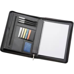 A black full grain leather compendium featuring a notepad, pen slots, and assorted accessories. Includes a logo.