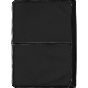 A black full grain leather compendium with white stitching and a logo on the front.