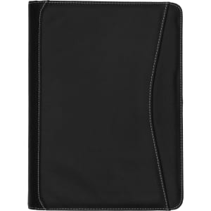 A black full grain leather compendium with stitching detail and a side pocket. It features a logo on the front.