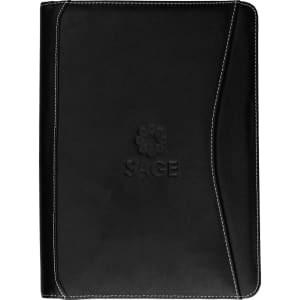 A black A4 leather compendium with white stitching and an embossed logo.