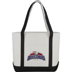 A heavy weight cotton tote bag in cream with black straps and a logo on the front.