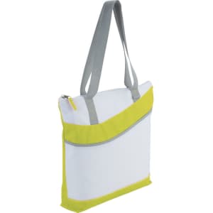 A zippered tote bag in white and bright yellow with grey straps and a logo. Features a spacious design for easy carrying.