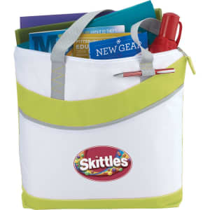 A white and lime green tote bag filled with folders, a drink bottle, and a pen, featuring a logo.