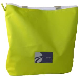 A bright lime green zippered tote bag with a white top and a logo on the front.