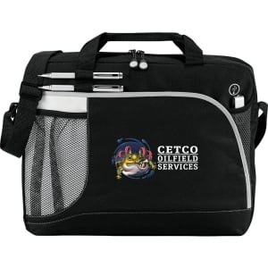 A black laptop briefcase featuring a mesh side pocket and pens attached, decorated with a logo.