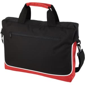 A black and red laptop bag with dual handles, a detachable shoulder strap, and a zipped front pocket.